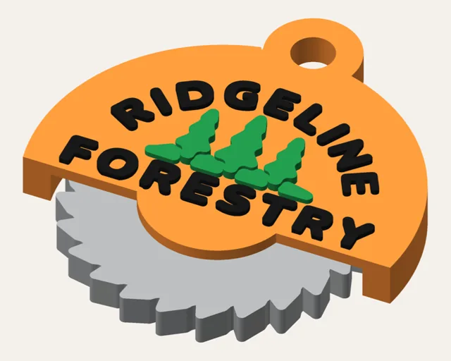Keychain of a silver circular-saw blade spinning under an orange guard, with green pines and RIDGELINE FORESTRY on the guard.