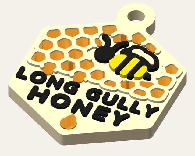 Cream hexagon keychain whose top half is honeycomb filled with translucent orange plastic like honey, with a plump yellow and black bee and the words LONG GULLY HONEY.