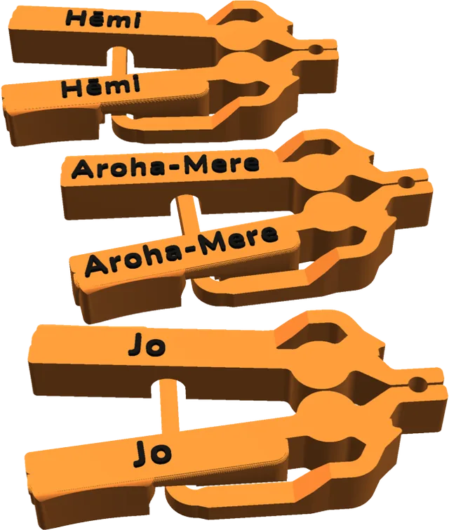 Three orange pegs lying side by side, named Hēmi, Aroha-Mere and Jo in raised black letters